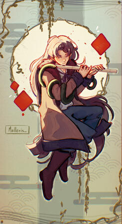 Full-body, design background, props (snake &amp; flute)